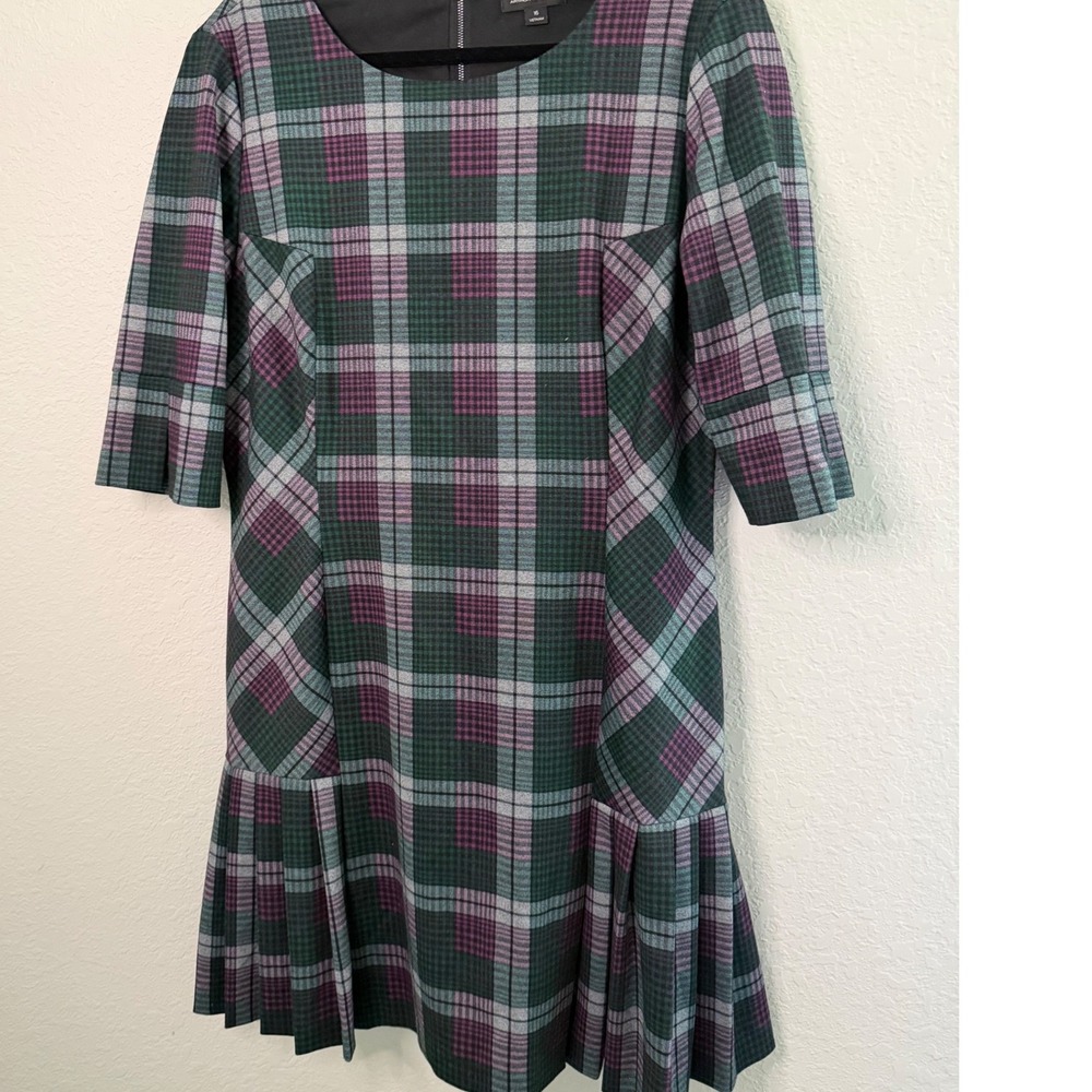 Tahari Arthur S. Levine Plaid Drop Waist Pleated Hem Dress 16 Green Purple Lined
